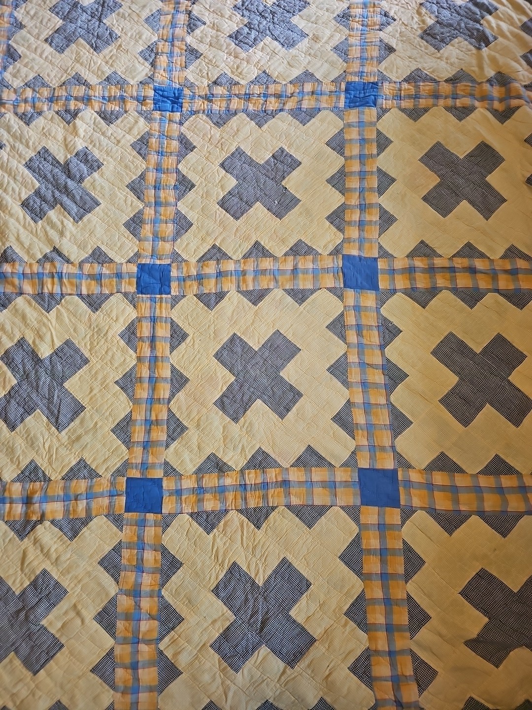 Vintage 75 X 63 QUILT blanket yellow blue GINGHAM Plaid country cottage decor