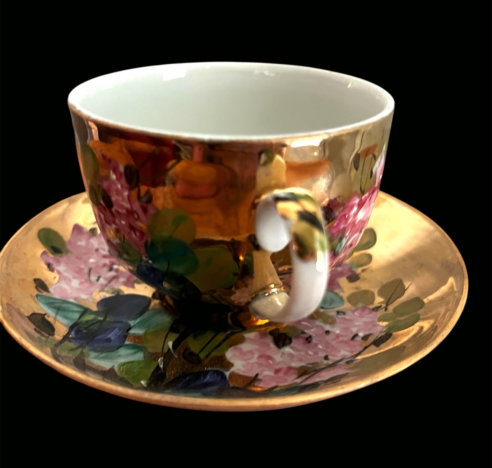 Signed Artist Dulevo Porcelain Cup & Saucer Vintage Russian Soviet Gold Floral Signed Artist Dulevo Porcelain Cup & Saucer Vintage Russian Soviet Gold Floral