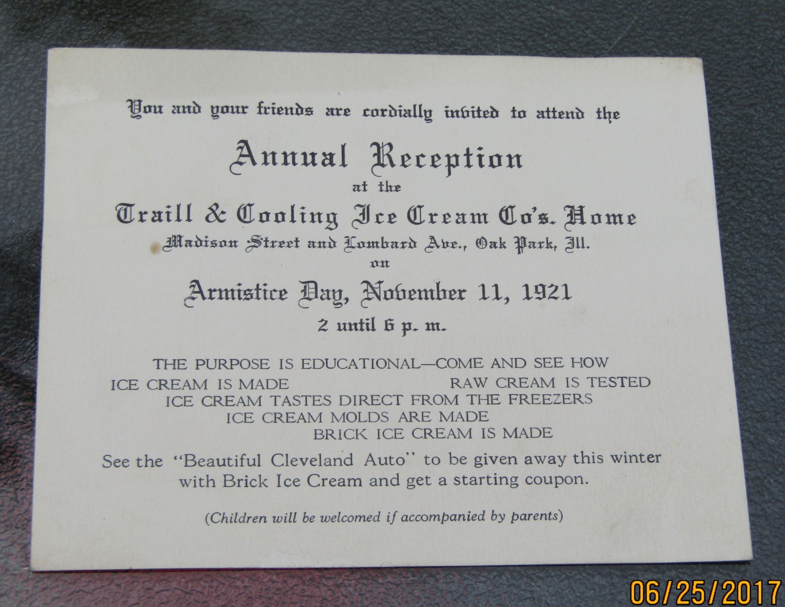 1921 Traill & Cooling Ice Crean Company Oak Park Illinois Reception Invitation 