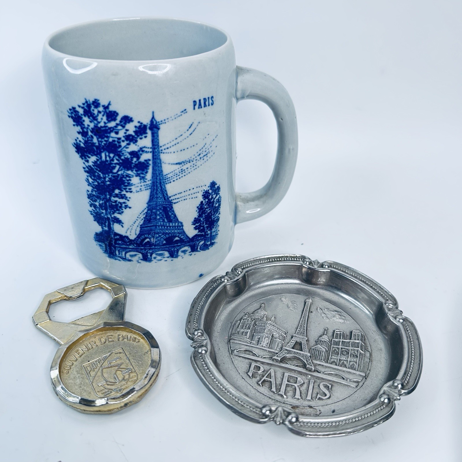 Vintage Paris Souvenir Set Eiffel Tower Mug Ashtray Bottle Opener France