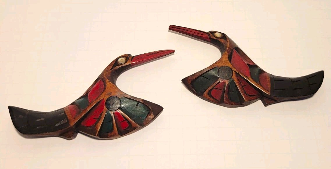 Vtg Signed David Robertson Hummingbird Wood Wall Art Pair Northwest Coast 7in