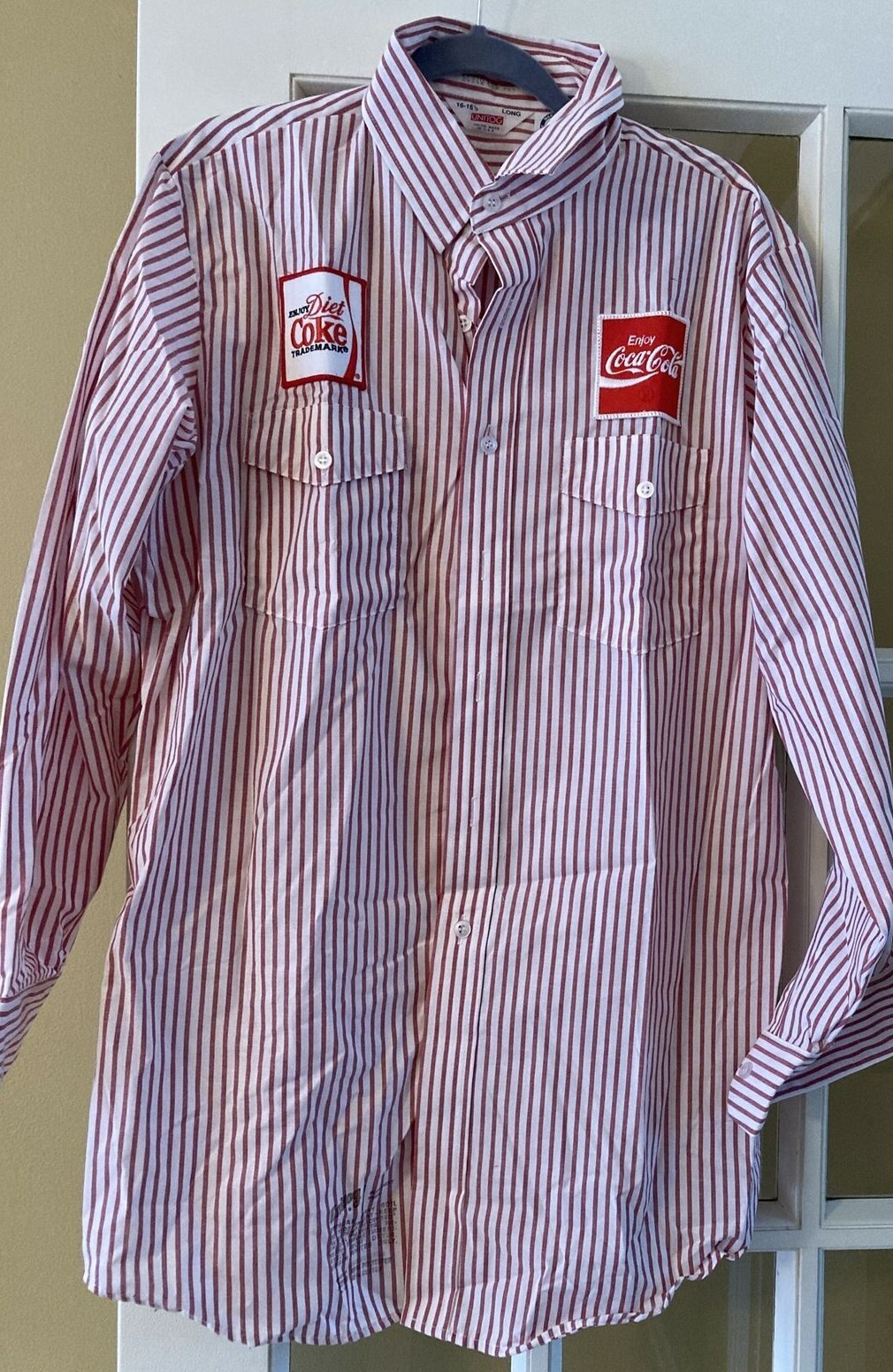 VIG COCA COLA Mens Red Striped Button Up Shirt L Logo Unitog Long Sleeve NEW VIG COCA COLA Mens Red Striped Button Up Shirt L Logo Unitog Long Sleeve NEW