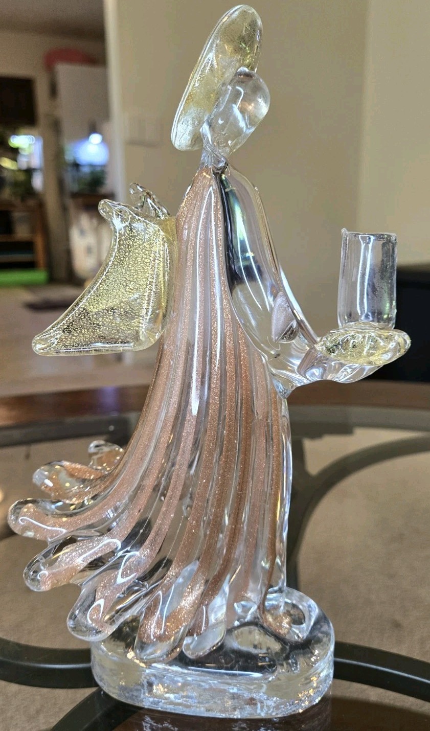 VINTAGE MURANO GLASS GOLD FLECK ANGEL CANDLE HOLDER 9.5\