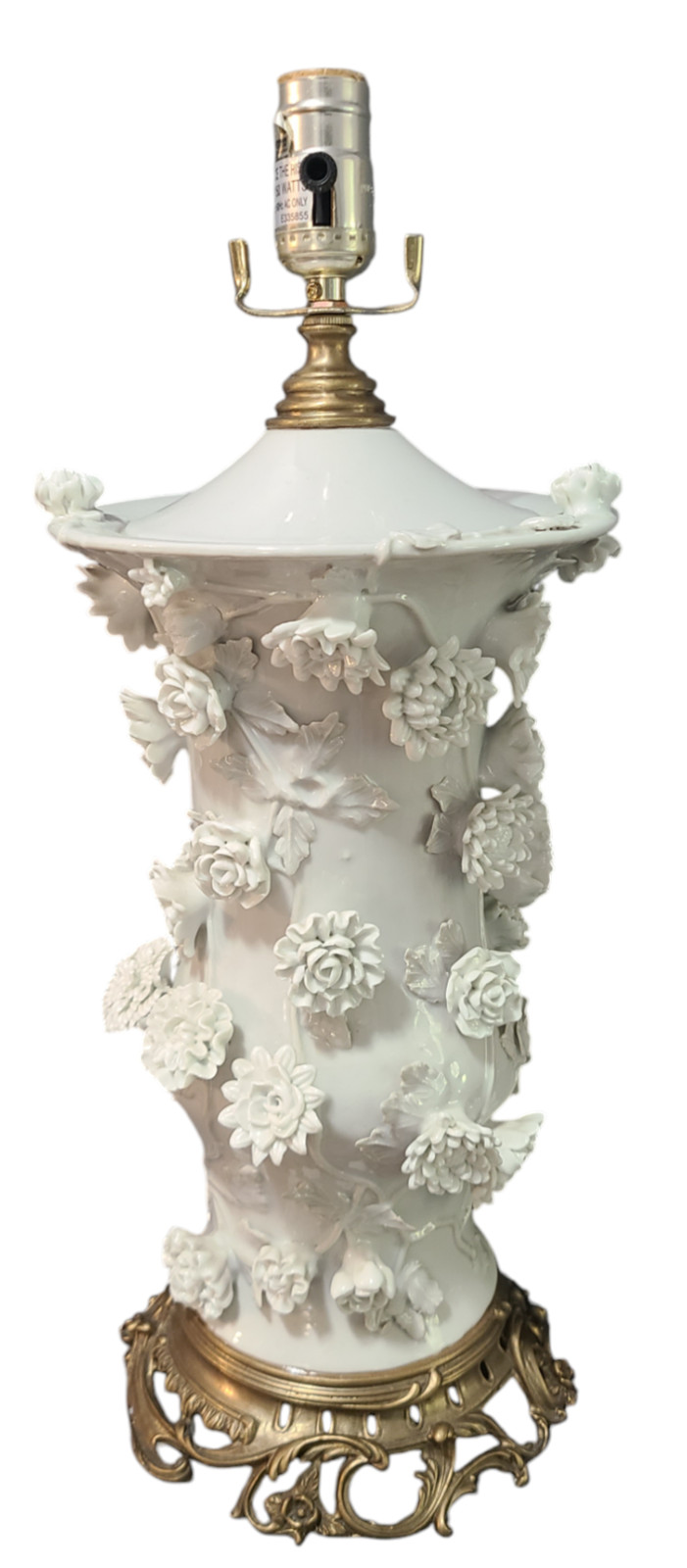 Vintage Blanc de Chine Porcelain Table Lamp Raised Flowers Ornate Brass Base