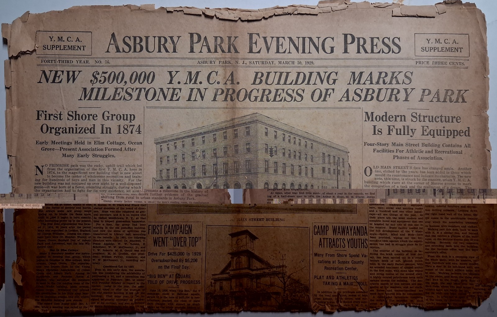 1929 ASBURY PARK EVENING PRESS YMCA Supplement March 30 NJ Monmouth