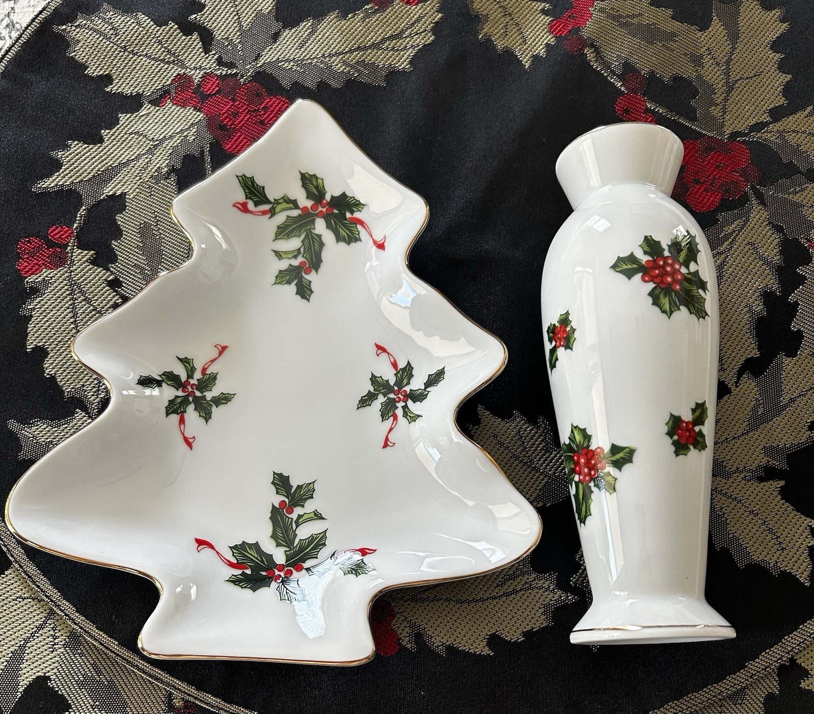 Lefton China Holly Berry Bud Vase and Candy Dish Vintage Japan Hand Painted