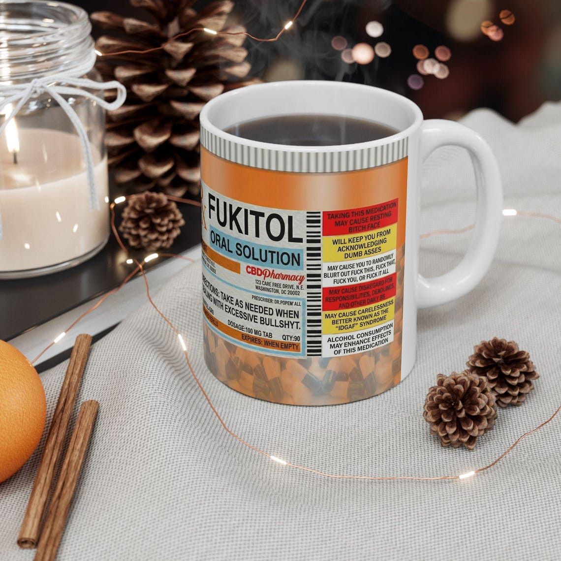 Fukitol Prescription Funny Sassy Mug, Fck It All Sarcastic Orange Ceramic Coffee
