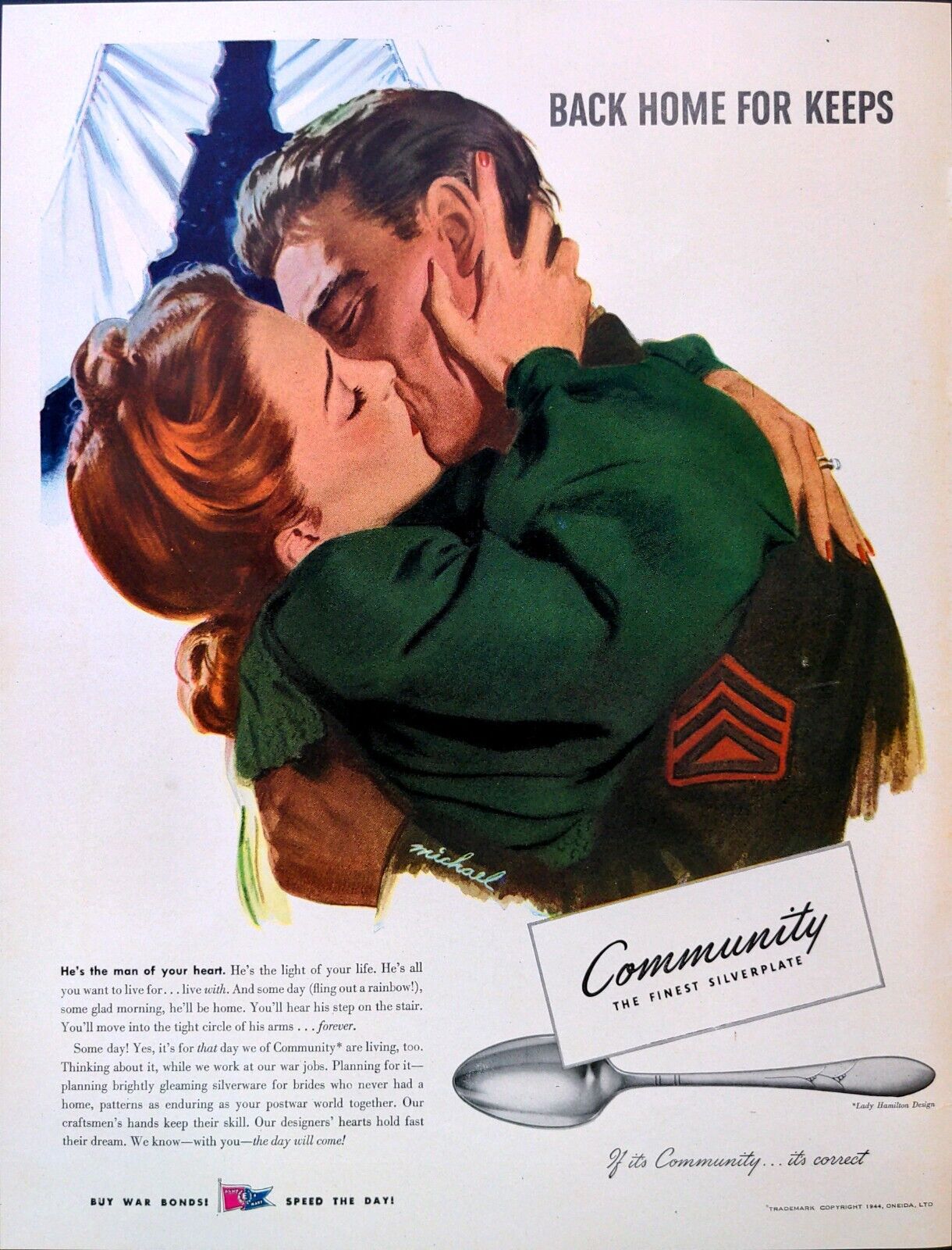 Community Silverplate Silverware Craftsmen Buy War Bonds 1944 Vintage Print Ad