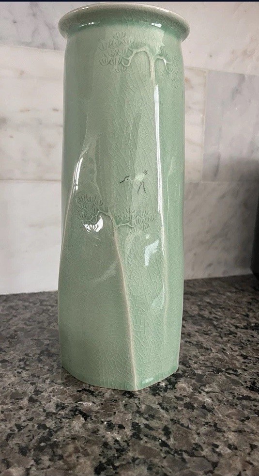 10.5’ Crackle Celedon Vase Chinese Or Korean Antique
