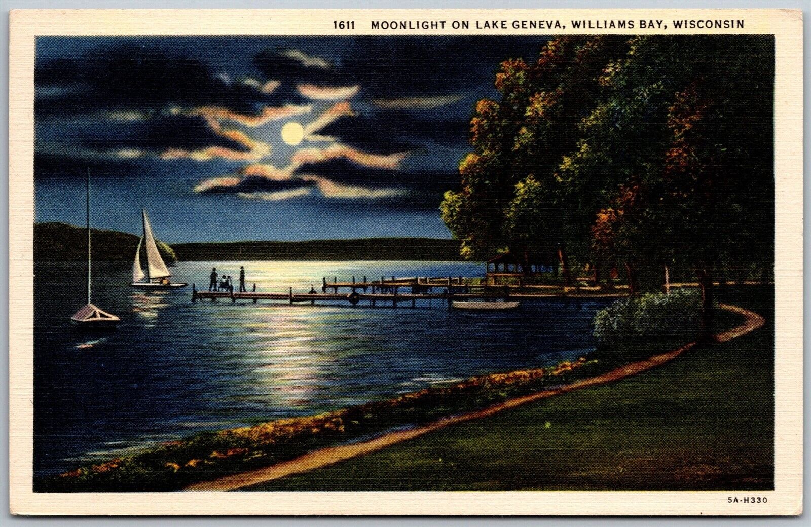 Vtg Williams Bay Wisconsin WI Moonlight On Lake Geneva Night View 1930s Postcard