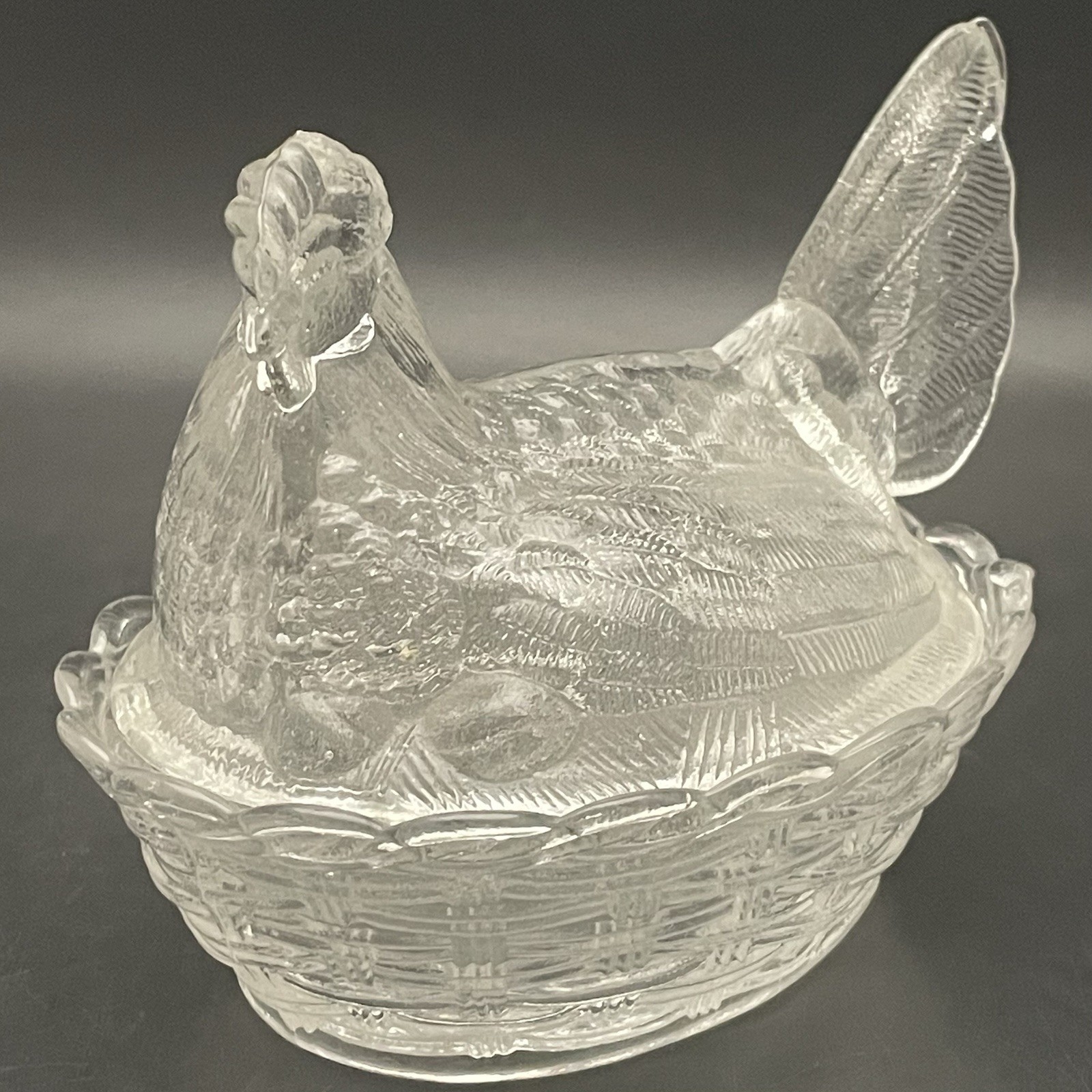 L.G. Wright Clear Glass Split Tail Hen on Nest Candy Dish 1937-1969 USA 5\
