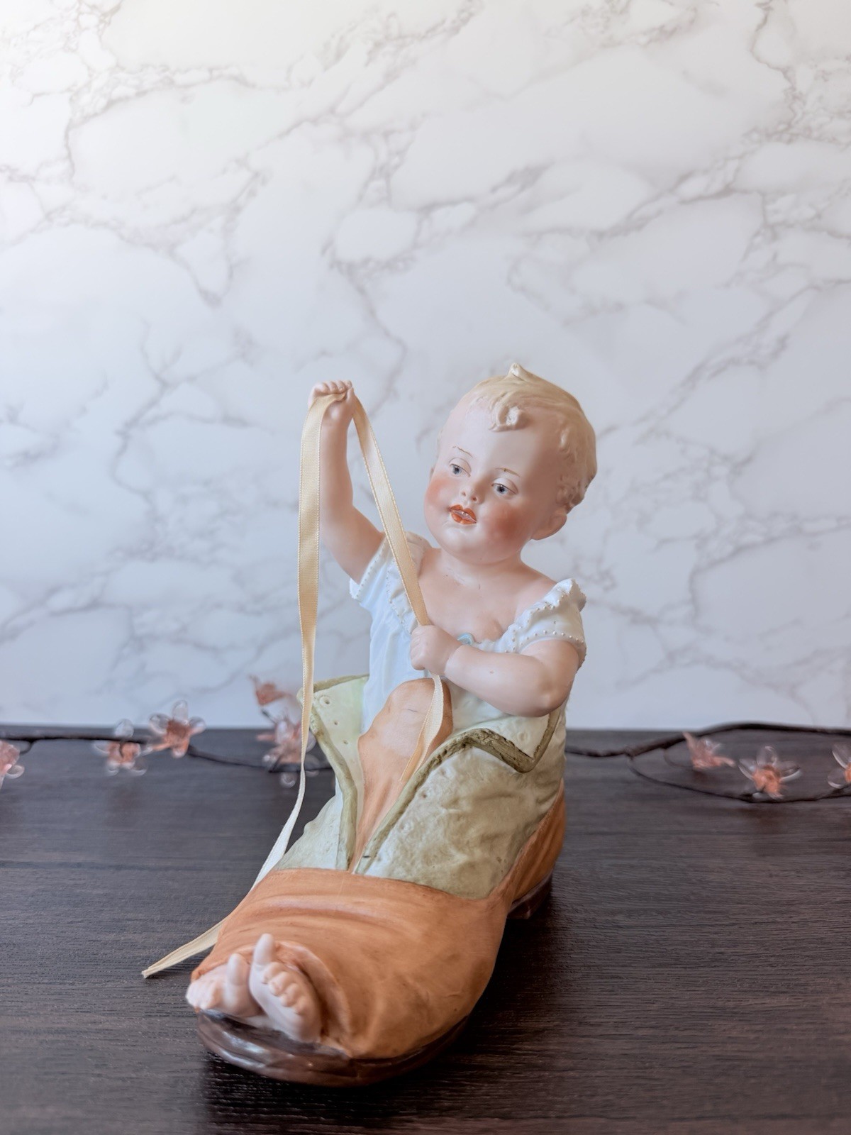 Heubach Boy In The Shoe Piano Baby Antique Figurine, Germany c.1910, 7” Heubach Boy In The Shoe Piano Baby Antique Figurine, Germany c.1910, 7”