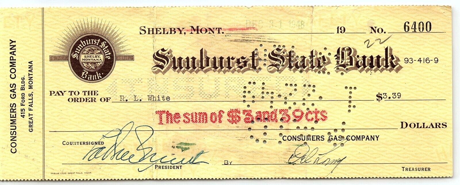 1948 SHELBY MONTANA SUNBURST STATE BANK COMSUMERS GAS CO GREAT FALLS CHECK Z1644