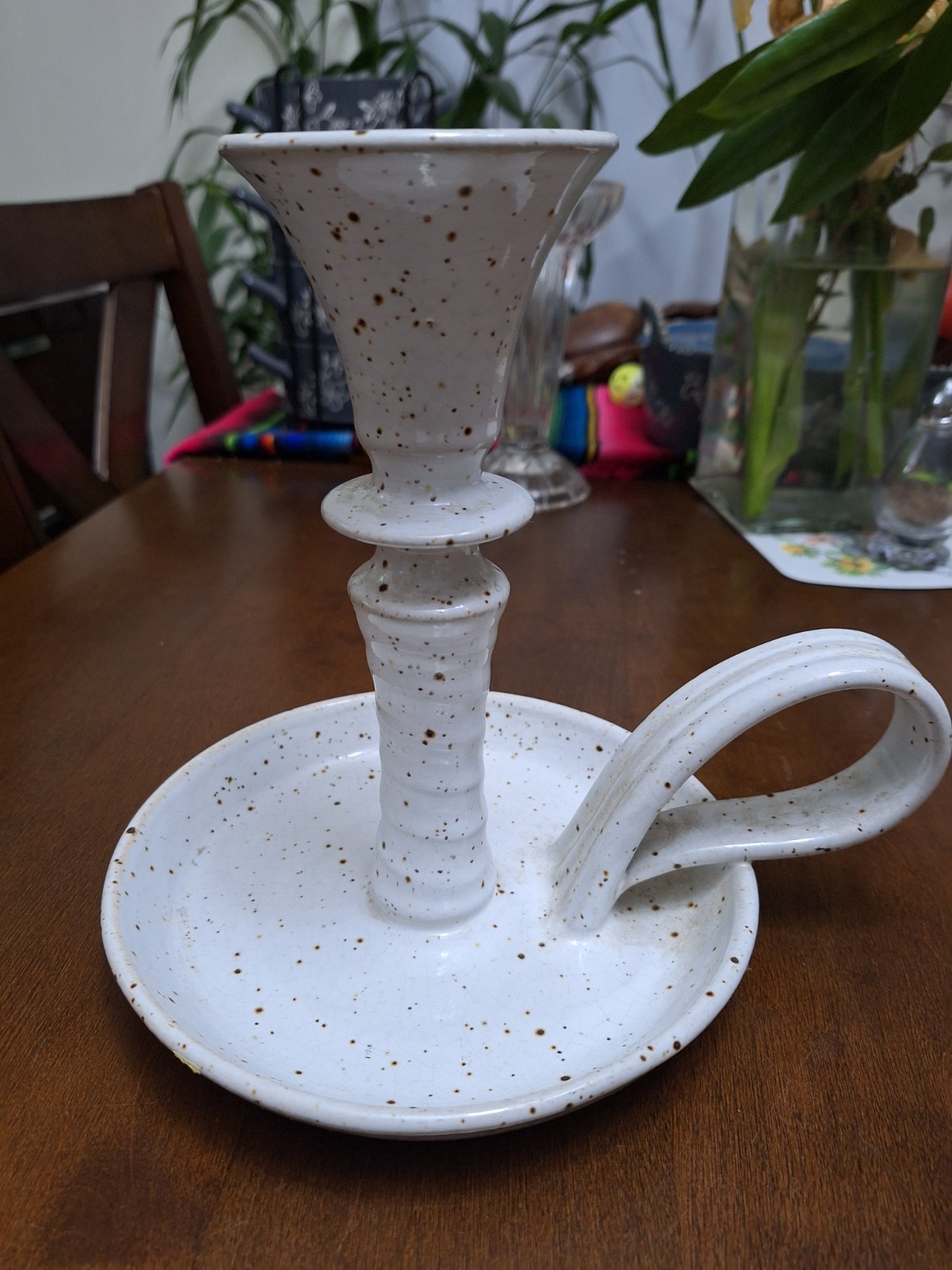 Vtg.Bill Tyner White Speckled Pottery Chamber  Candle Stick Holder~Signed~8\