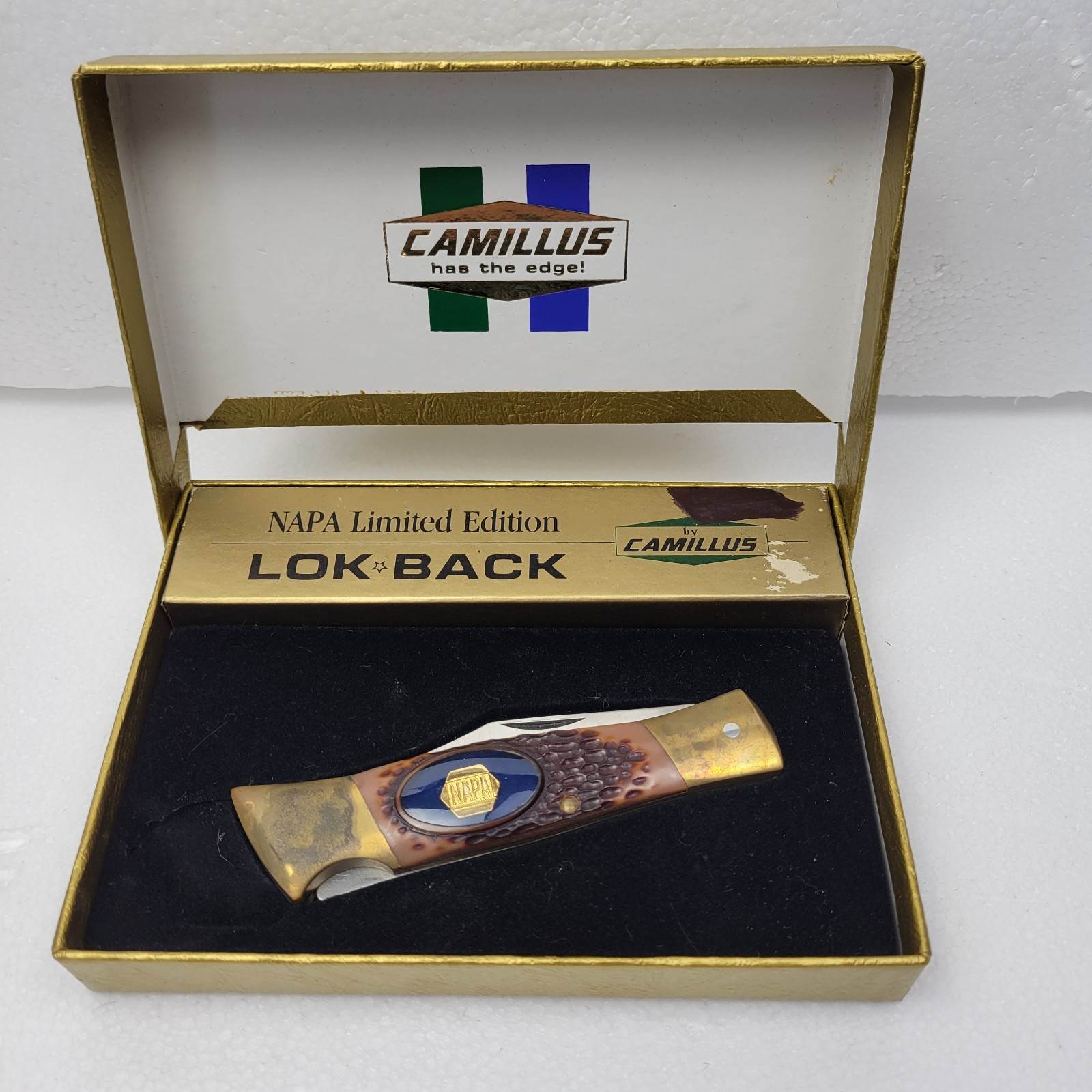 VINTAGE CAMILLUS NEWYORK USA JUMBO JIGGED BROWN DELRIN NAPA LOCKBACK KNIFE New VINTAGE CAMILLUS NEWYORK USA JUMBO JIGGED BROWN DELRIN NAPA LOCKBACK KNIFE New