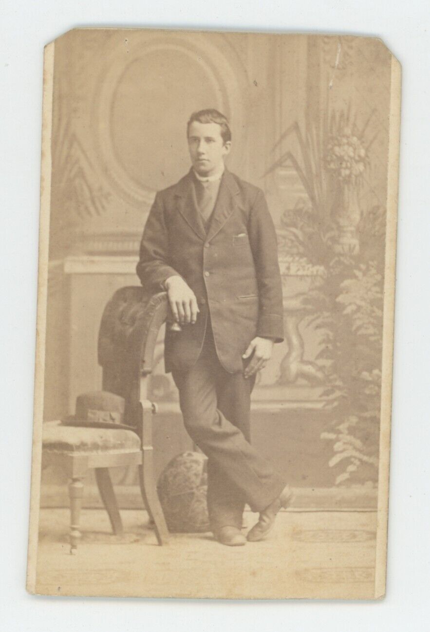 Antique CDV Circa 1870s Handsome Young Man in Suit With Hat Gloversville, NY