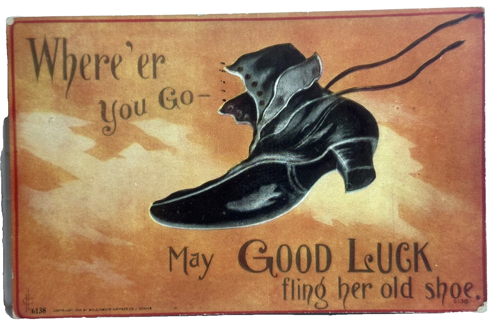 Postcard May Good Luck Fling Her Old Shoe Where’er You Go Black Boot Heel