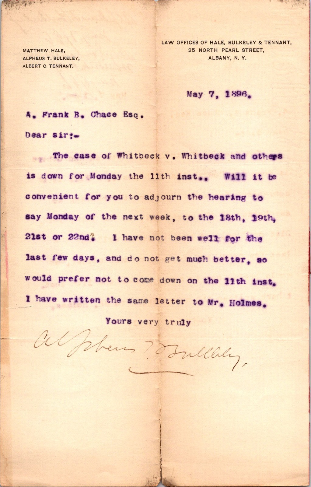 Law Offices Of Hale Bulkeley & Tennant 1896 Albany NY Letterhead Billhead TL7