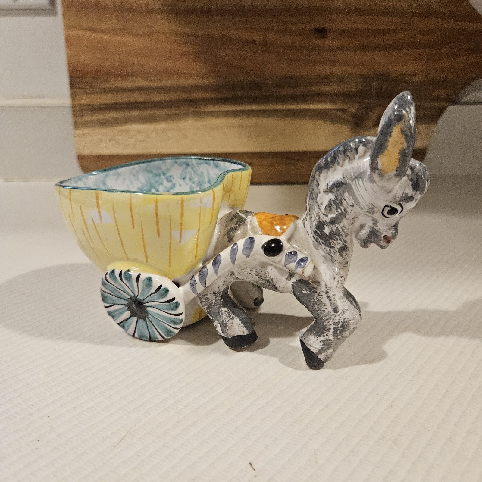 Clay Donkey Pulling Cart Planter Made In Italy Yellow And Blue