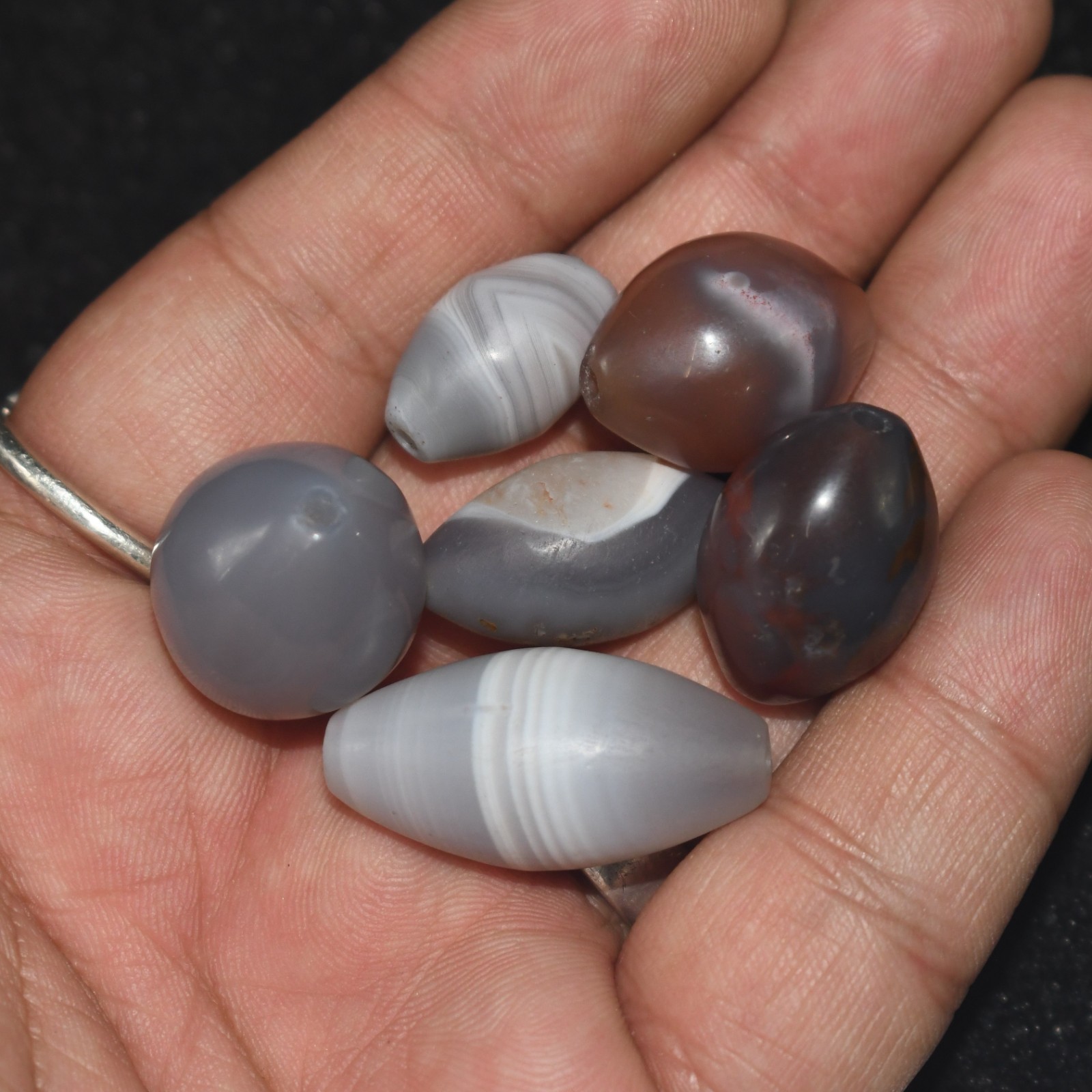 6 Large Ancient Central Asian & Tibetan Mix Agate Carnelian Stone Dzi Bead Lot