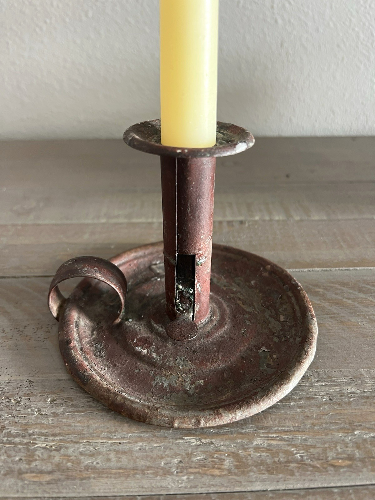 Primitive Antique Tin Chamberstick Push Up Candle Holder Finger Loop Rustic