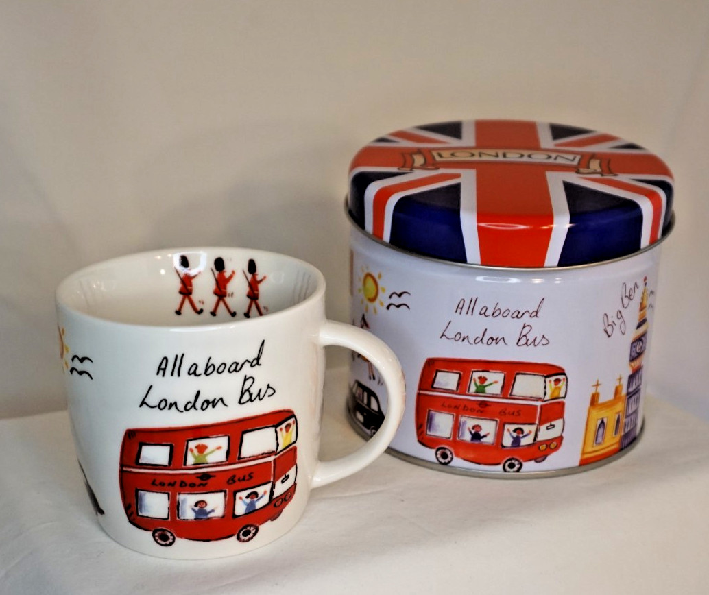 James Sadler London Travel Fine China Mug w/ Matching Tin Union Jack London Bus