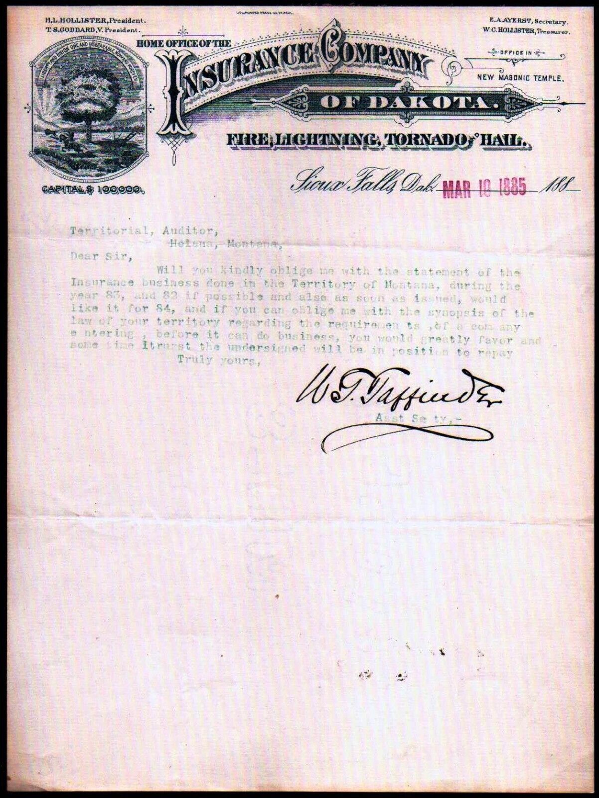 1885 Sioux Falls - Insurance Co of Dakota - Fire Lightning Hail Letter Head Bill