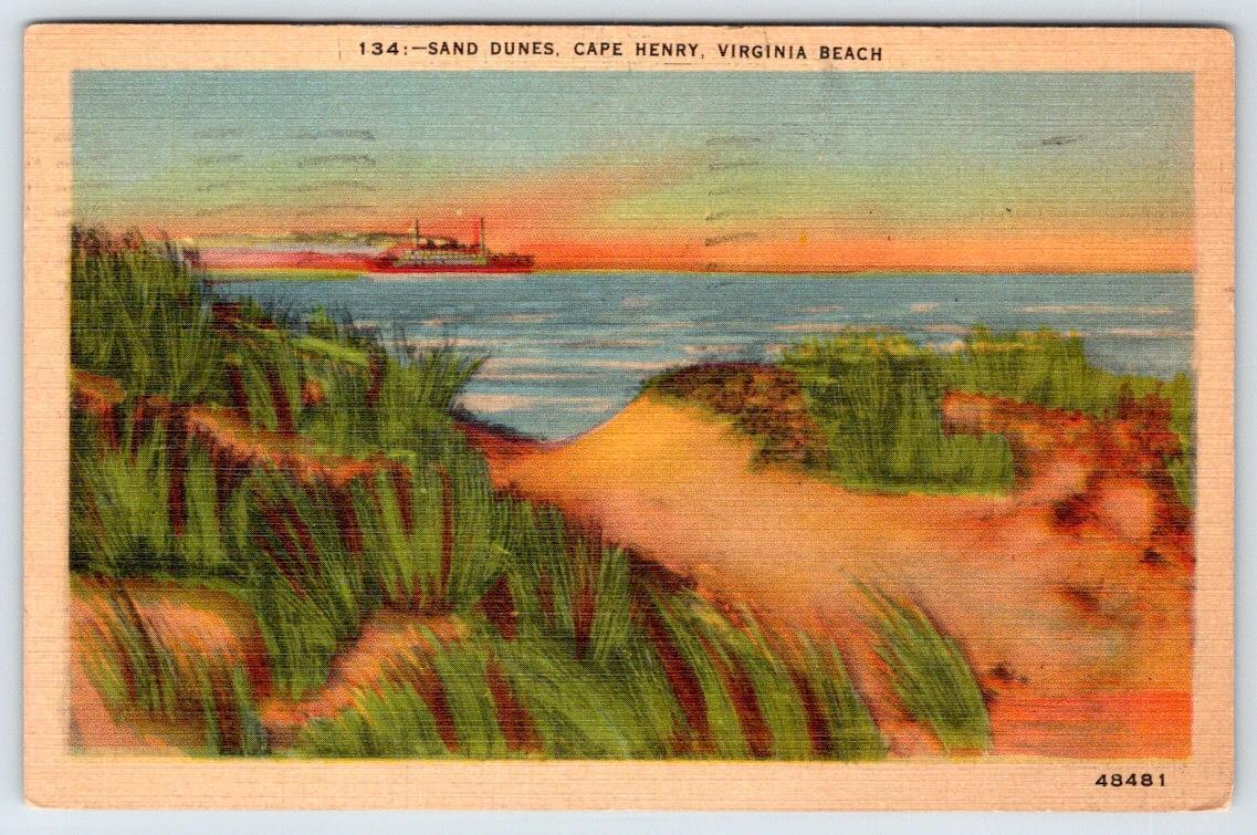 1943 CAPE HENRY VIRGINIA BEACH SAND DUNES LINEN POSTCARD STEAMER IN DISTANCE