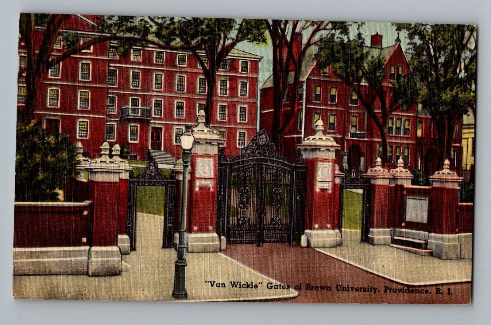 Providence Rhode Island RI Van Wickle Gates Brown University Linen Postcard 1950