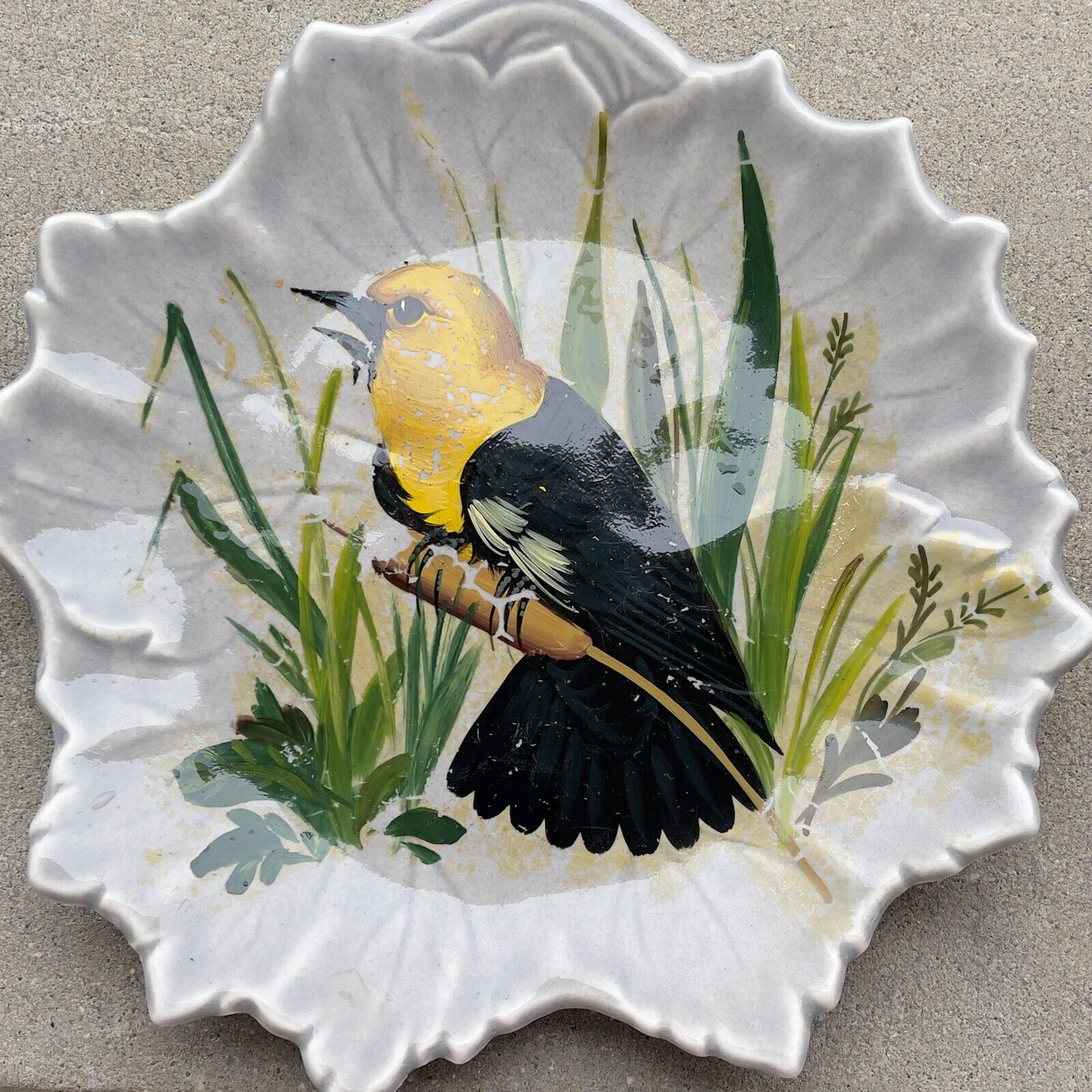 Woodfield Steubenville Gray Leaf Plate Hand Painted Yellow Headed Blackbird