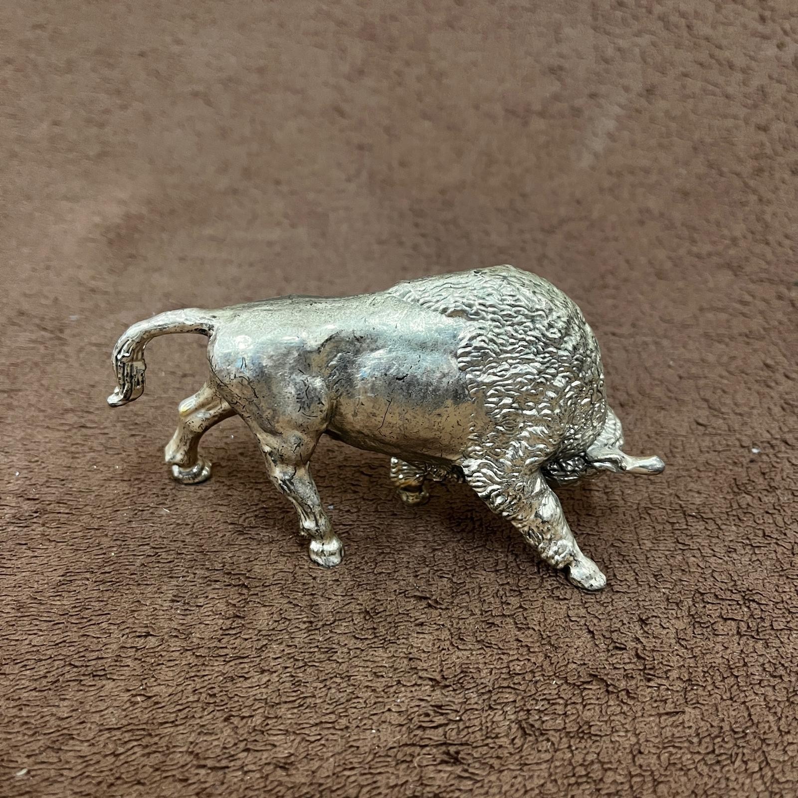 Vintage Silver Plated Metal Charging Bull Bison Figurine Heavy Desk Statue Decor