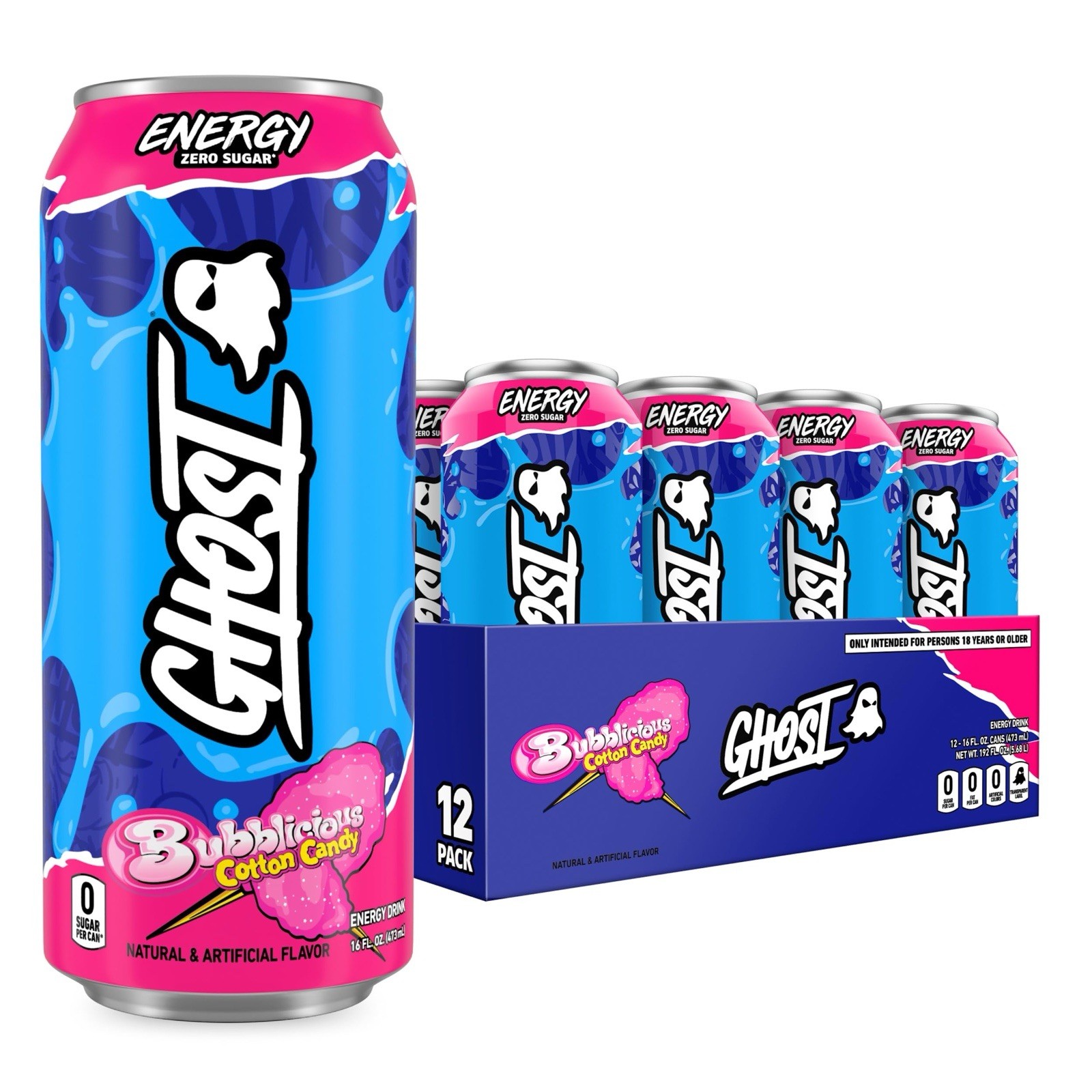 Ghost Bubblicious Cotton Candy Energy Drink 12 Cans 16oz Discontinued