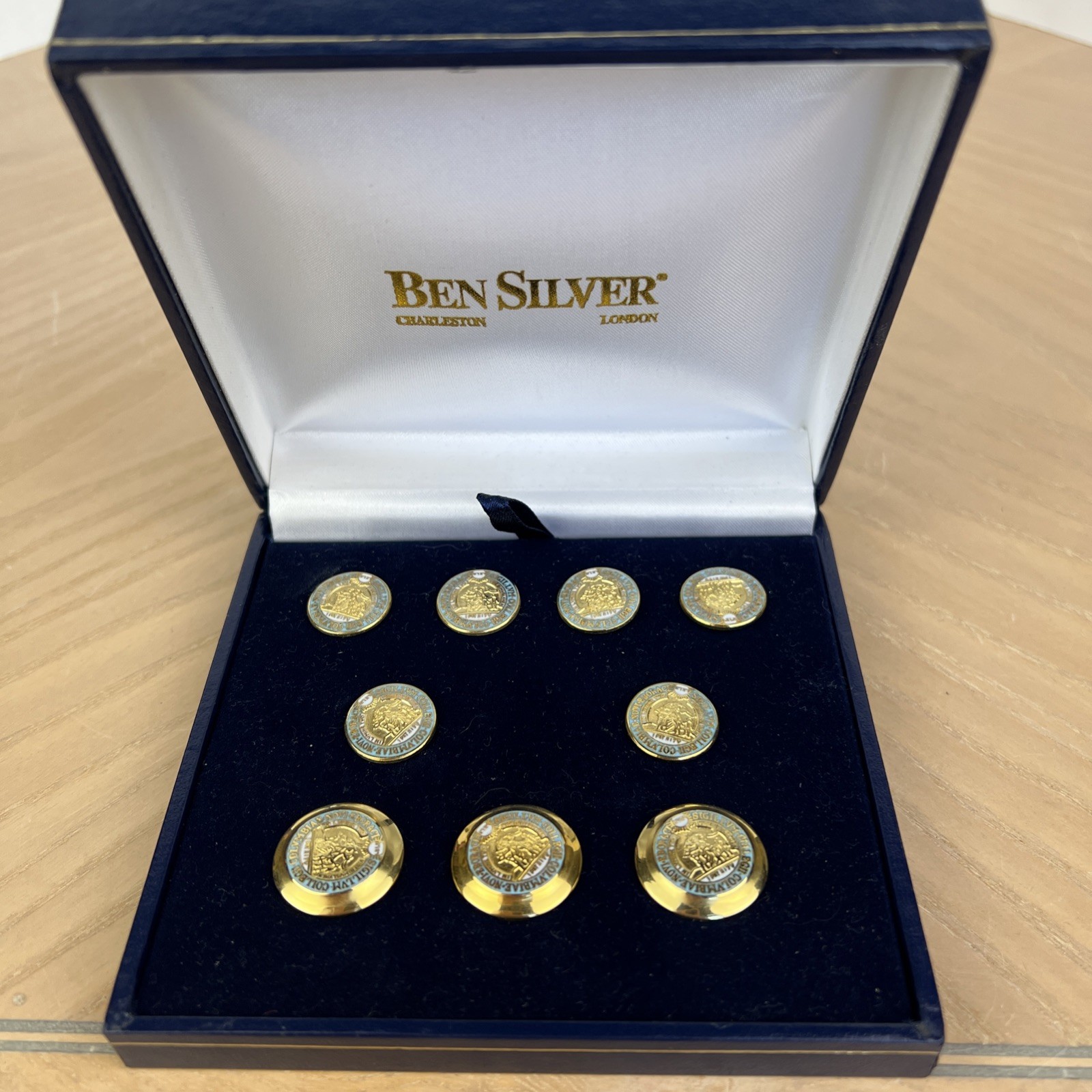 Vintage Ben Silver Columbia University Blazer Buttons Set Gold Enamel 9pc Boxed Vintage Ben Silver Columbia University Blazer Buttons Set Gold Enamel 9pc Boxed