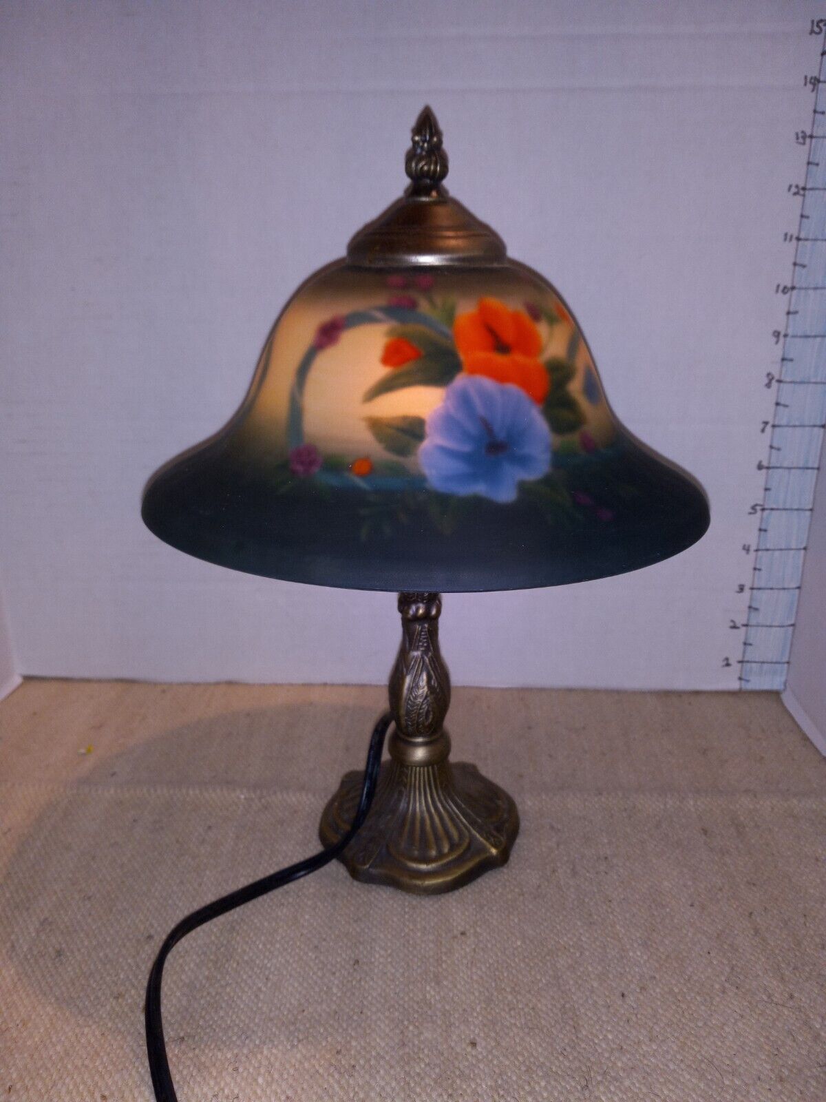 Reverse Painted Lamp -Pansies?? Motif-14” Tall x 9-1/2” (Glass Shade) Diameter