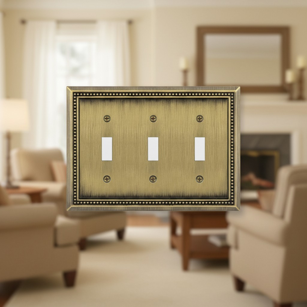 Hand Polished Triple Toggle Outlet Cover - Antique Brass Decorative Wall Plate