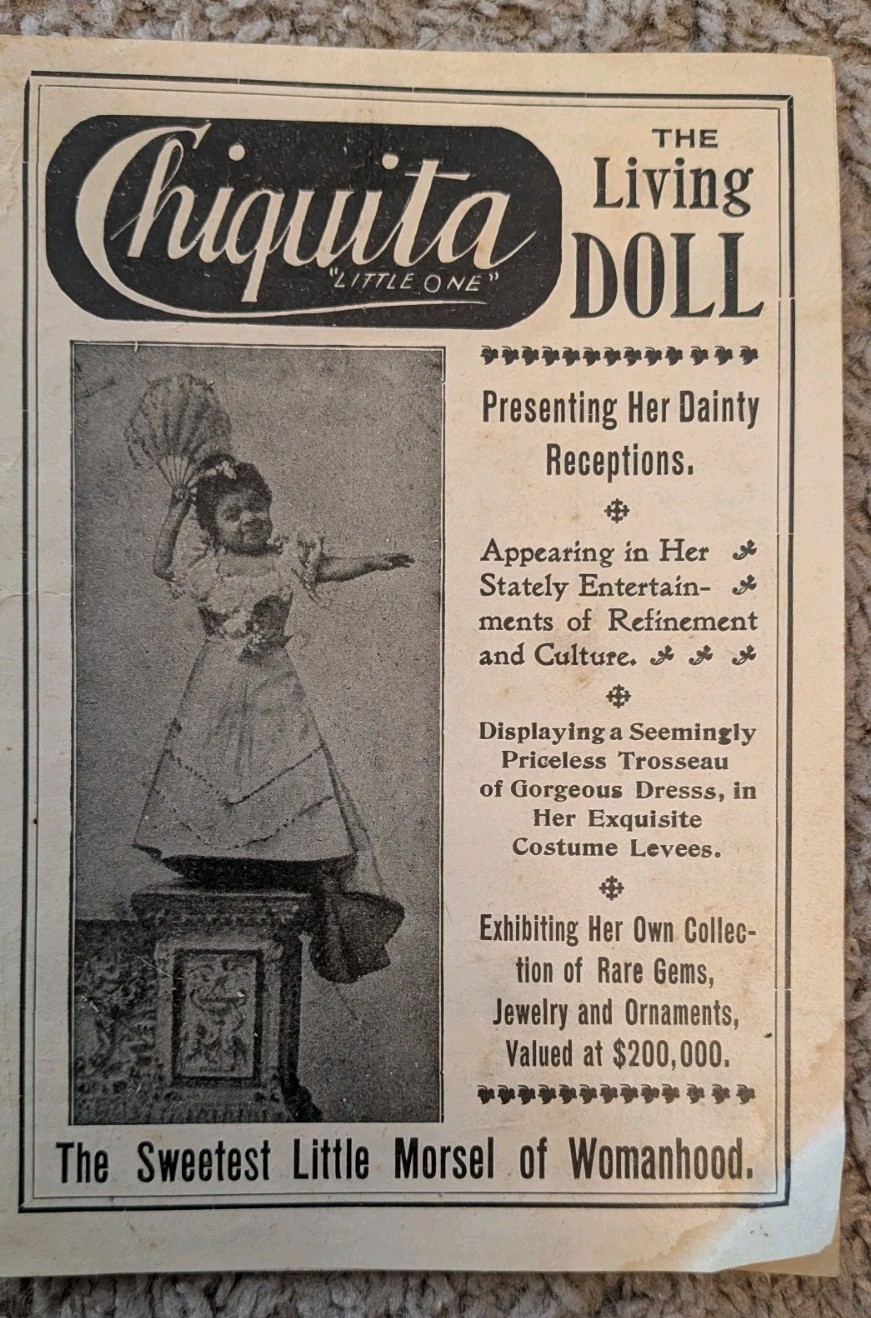 1898 CHIQUITA THE LIVING DOLL FLYER MINIATURE LADY FREAK SHOW ANTIQUE 128 YEARS
