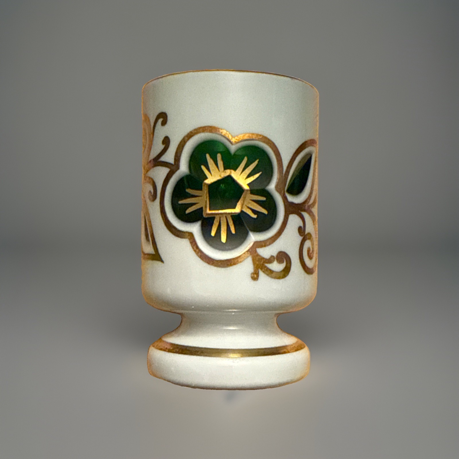 Antique Bohemian Czech Glass White Cut to Green Toothpick Holder Or Small Vase 