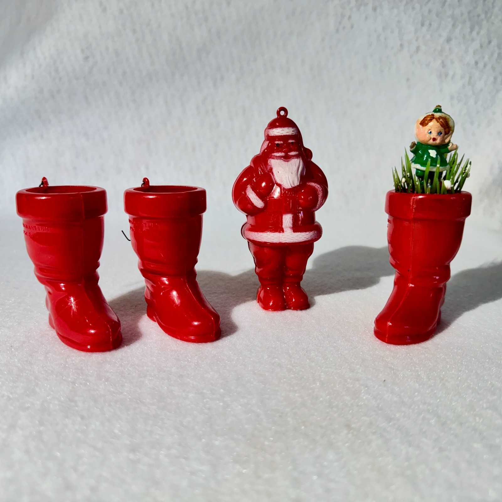 Vtg 4 Hard Plastic Santa & Boots Christmas Ornaments - Candy Containers -Rosbro