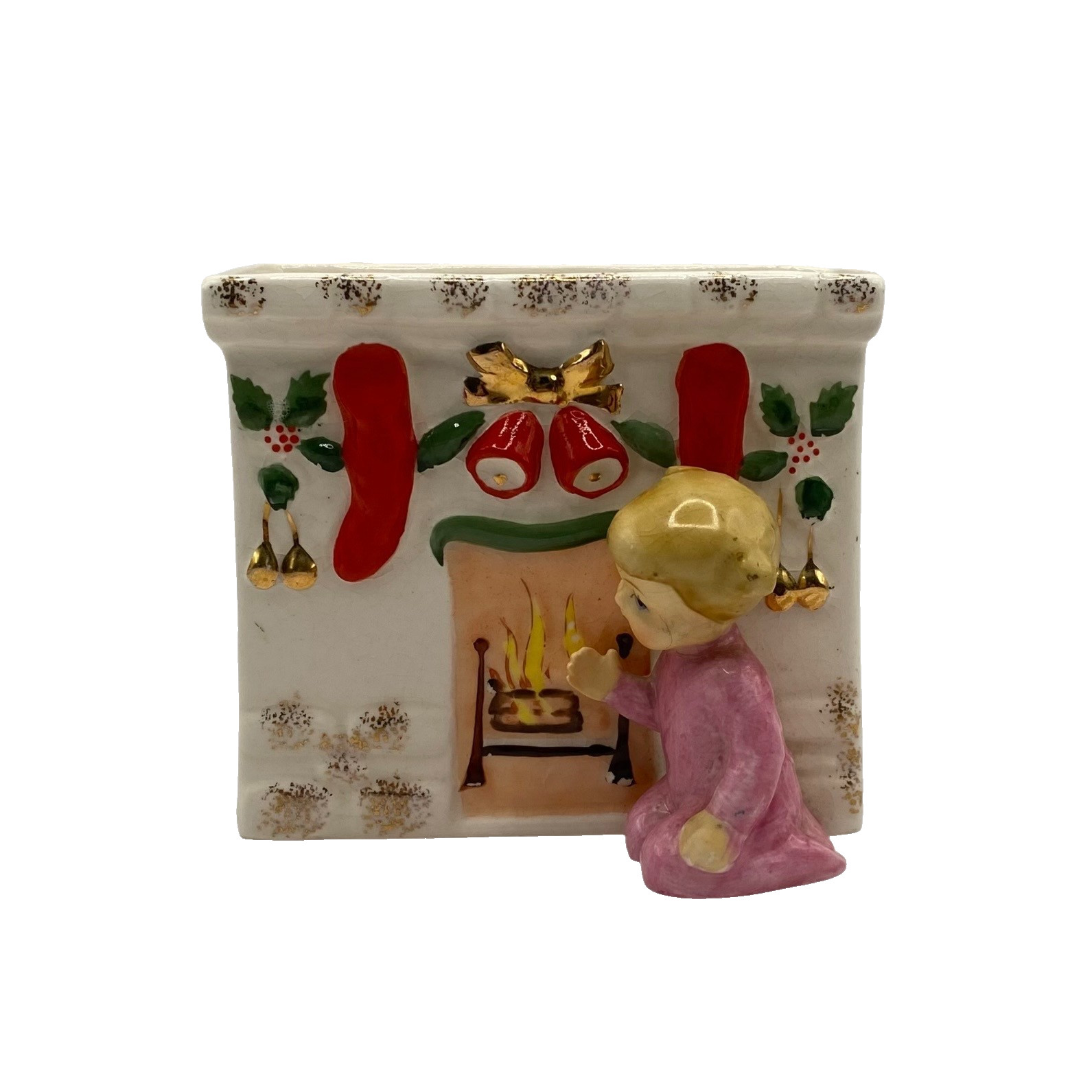 Vintage Napco Christmas Fireplace Baby Girl Planter Japan Ceramic 1950s MCM