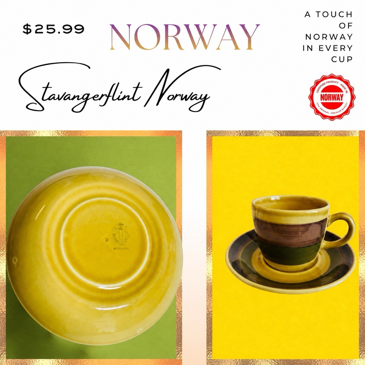 Stavangerflint Norway Honey Inger Waage MCM Striped Vintage Cup & Saucer