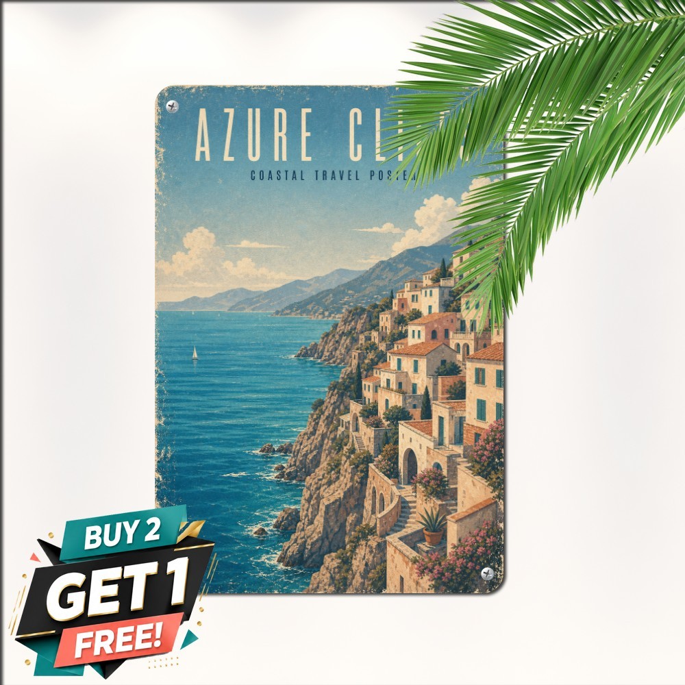 Scenic Mediterranean Coastal Hillside Village Landscape Plaque Metal Tin Sign