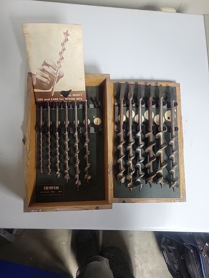 Vintage Irwin 13 Piece Set of Auger Brace Bits w/ Wood Box Made in USA 