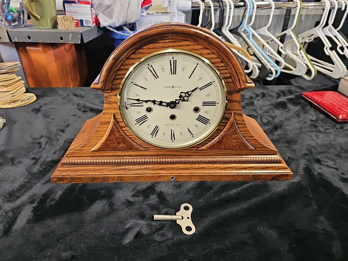 Vintage Howard Miller Model 340-020A Westminster Chime Mantel Oak Clock with Key