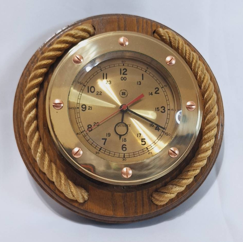 Vintage Bey-Berk Nautical Brass Wall Clock Maritime Porthole Design Wood Base 24