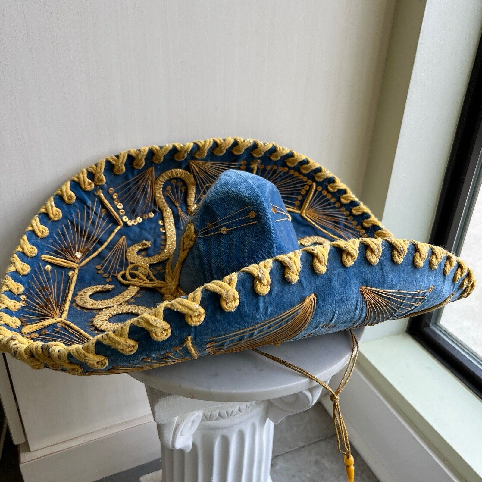 Vintage Mexican SOMBRERO Blue and Gold Velvet w/Sequins