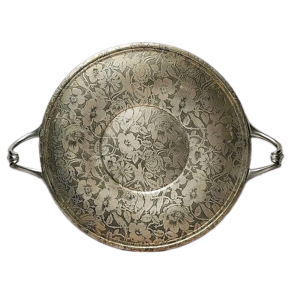 Vintage W.B. Mfg Co. Tapestry EPNS Round Ornate Handled Tray, Patent Applied For
