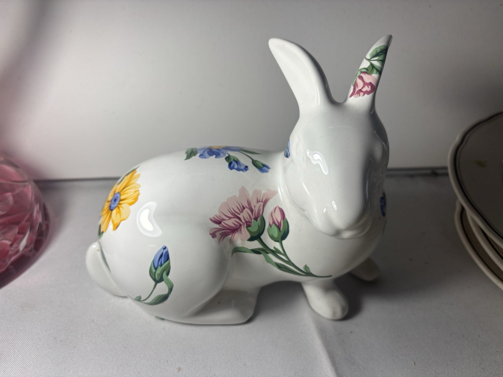 Vintage 1996 Tiffany & Co Ceramic Rabbit Figure Hand Painted Flowers Large 8”