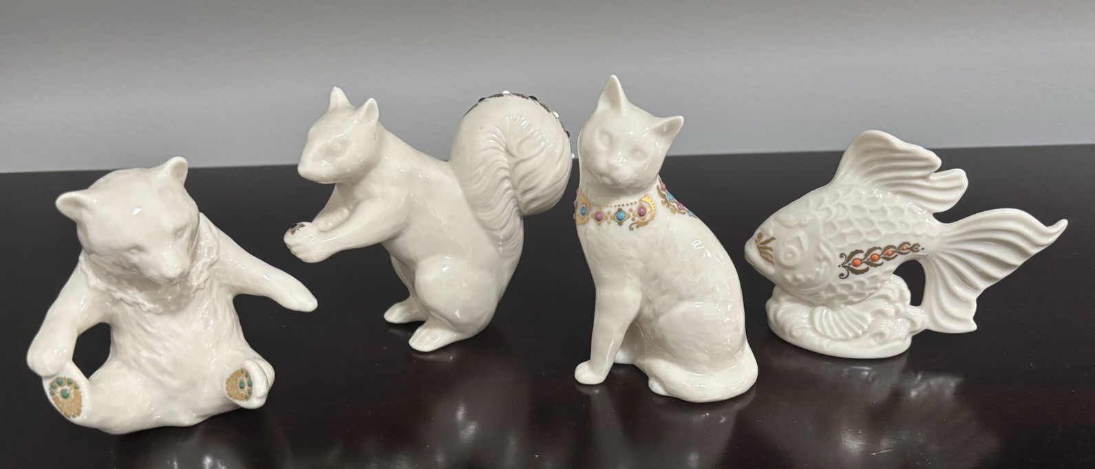 Lenox China Jewels Collection 4pc LOT Bear Squirrel Cat Fish Porcelain Excellent