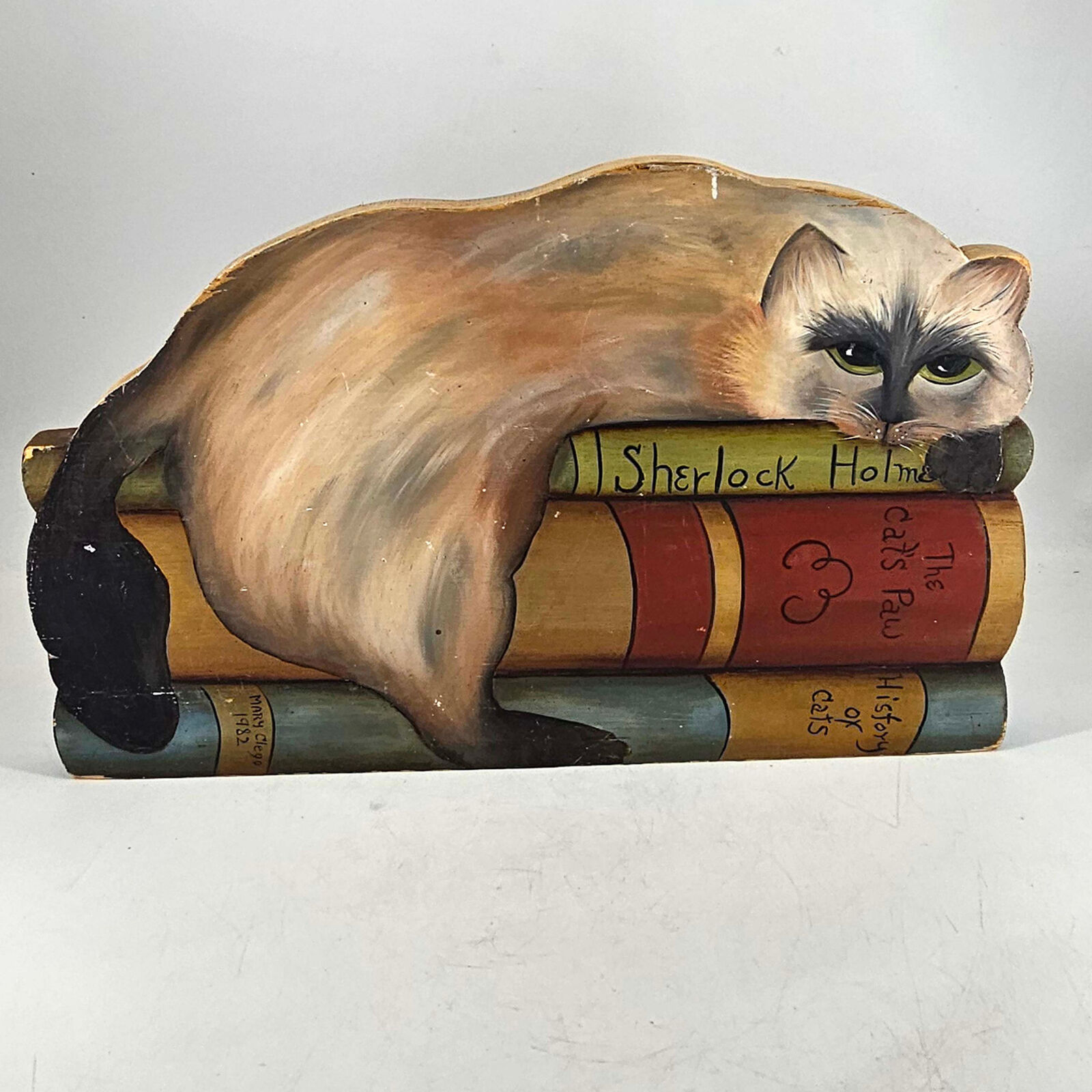 Vintage long haired chubby cat lounging books hand painted on wood free standing