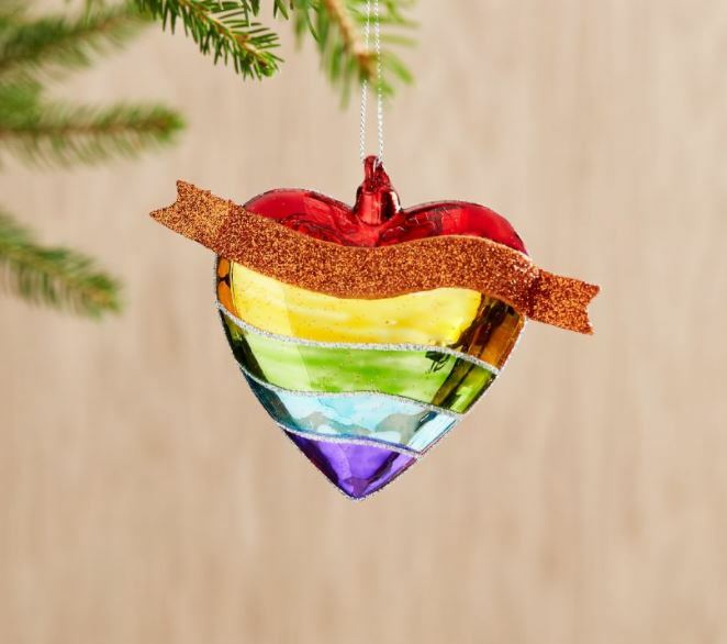 west elm CHRISTMAS ORNAMENT Glass Metallic Rainbow Heart THE TREVOR PROJECT Ret.